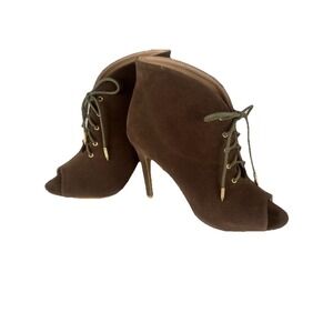 M & L Women's Peep Toe Lace Up Ankle Booties Brown Faux Suede 9M